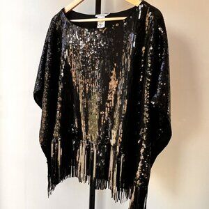 NWT S/M Chico's Sequin Fringe Woven Poncho in Black